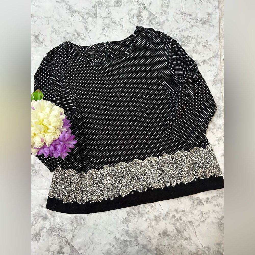 Talbots Ponte Knit Top Petite XL  Black Off-White Dot Lace Print 3/4 Sleeve   39